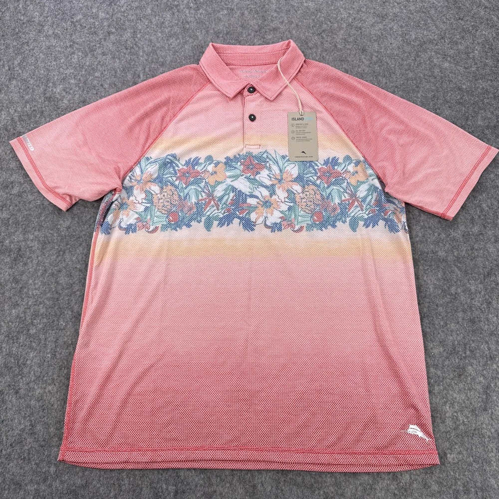 Tommy Bahama Polo Shirt Mens Large IslandZone Performance Floral Hawaiian Golf